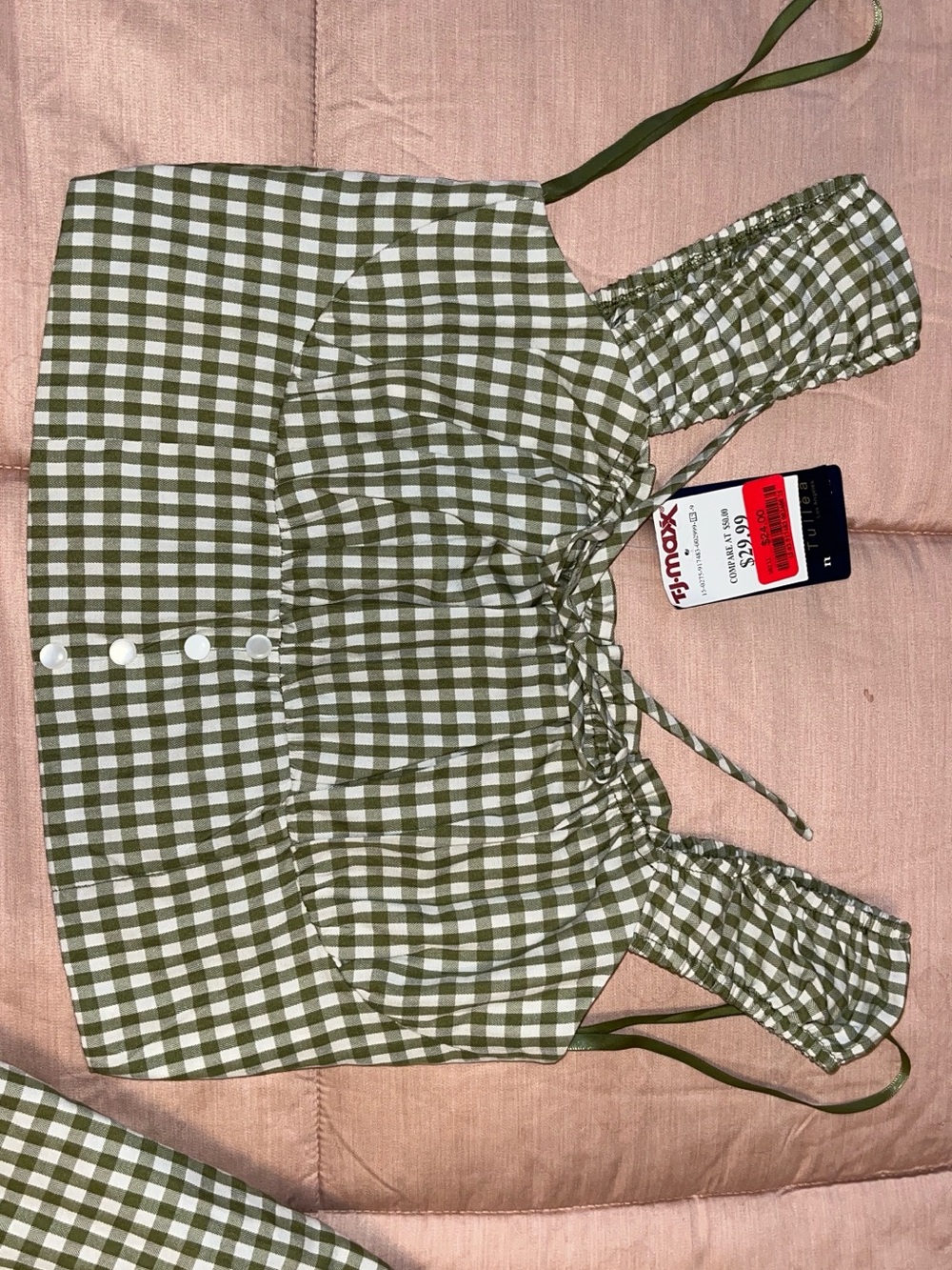 T.J.Maxx Olive Green and White Gingham Smocked Crop Top and Skirt - Picture 2 of 6